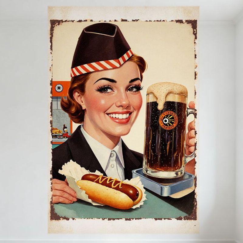 

Vintage Diner Woman with Beer Hot Dog Retro Metal Sign, Classic Old Fashioned Framed Art for Bar Pub Home Cafe Wall Decor 20x30cm（7.8x11.8inch）