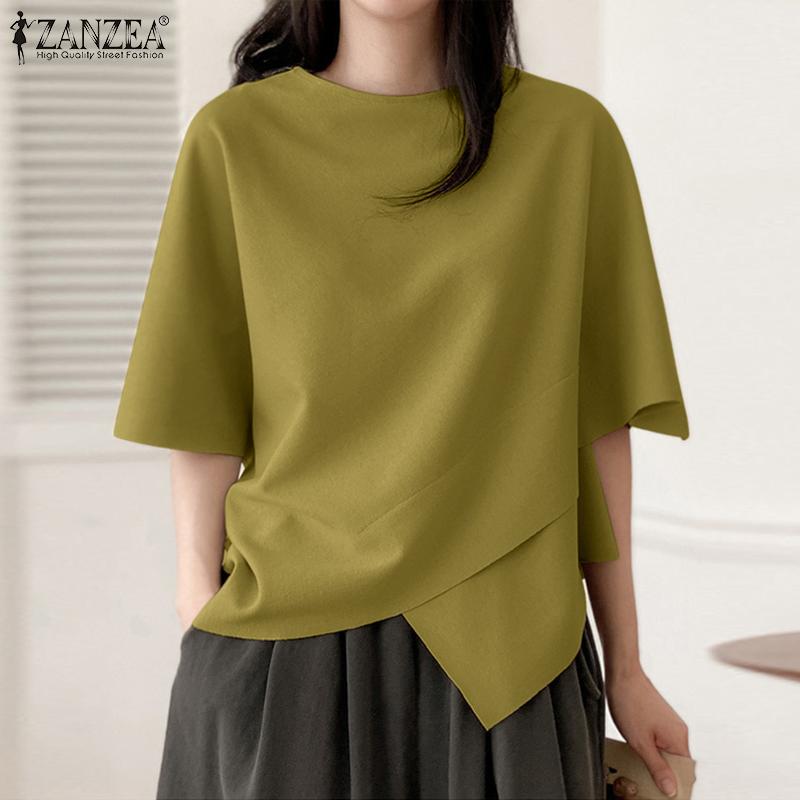 ZANZEA Női alkalmi, kerek nyakú, 3/4 ujjú bő, egyszínű póló