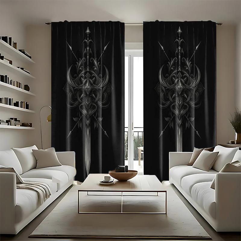 2PCS Blackout Curtains Dark Sword Print Polyester Rod Pocket Top for Bedroom Office Living Room Home Decor