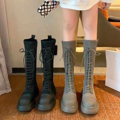 Women's High Boots British Style Fashion Knitted Stitching Elastic Stocking Boots Female Luxury Designer Shoes