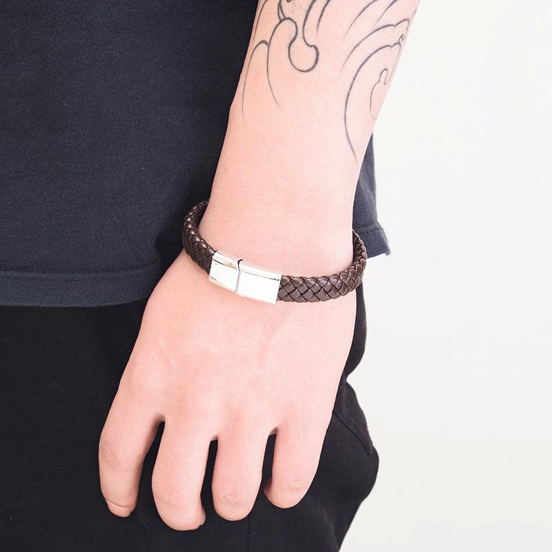PolishedPlus Customized Men's Bracelet Engraving Names Bangle Stainless Steel Braided Leather Bracelets Dad Father's Day