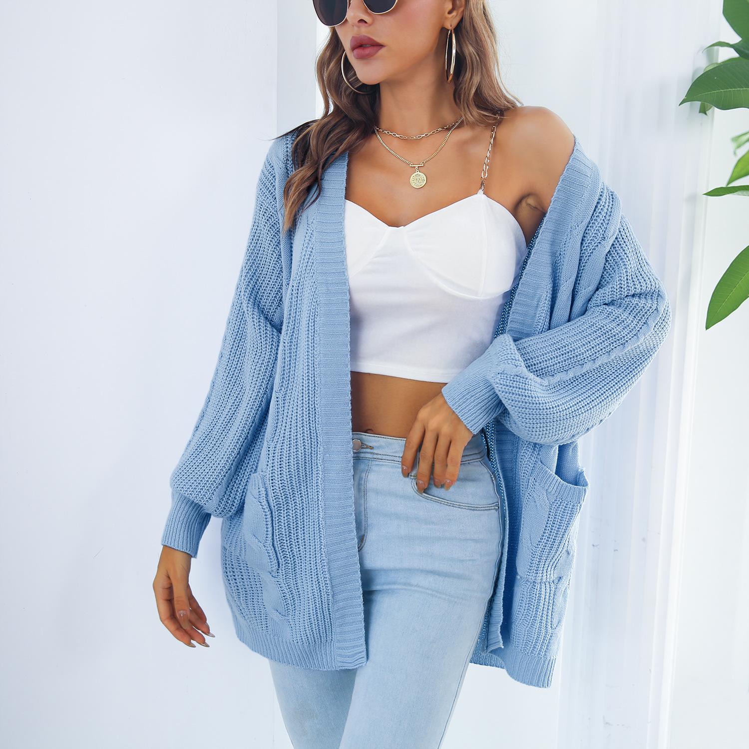 

QICED женские модные повседневные осенне-зимние однотонные кардиганы с длинными рукавами и принтом L синий