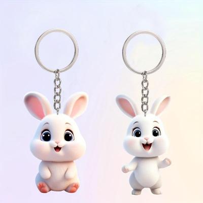 Okouzlující oboustranná bílá králičí akrylová plochá 2D klíčenka - ideální pro klíče od auta a dárky s ozdobnými přívěsky na batoh