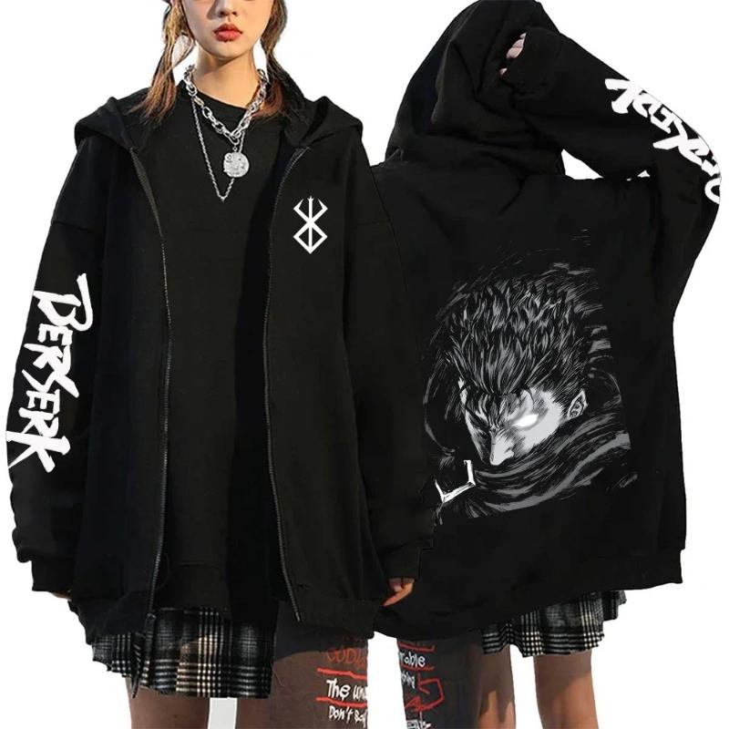 Anime Furious Guts Manga Pattern Print Zipper Hooded Fall Winter Men Women Casual Long Sleeve Sweatshirt Streetwear