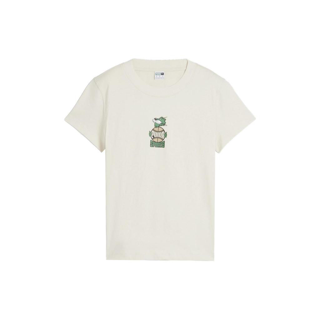 Puma Cartoon Print Casual Slim Fit Short Sleeve Regular T-Shirt Women Tops Snow-White 627006-87