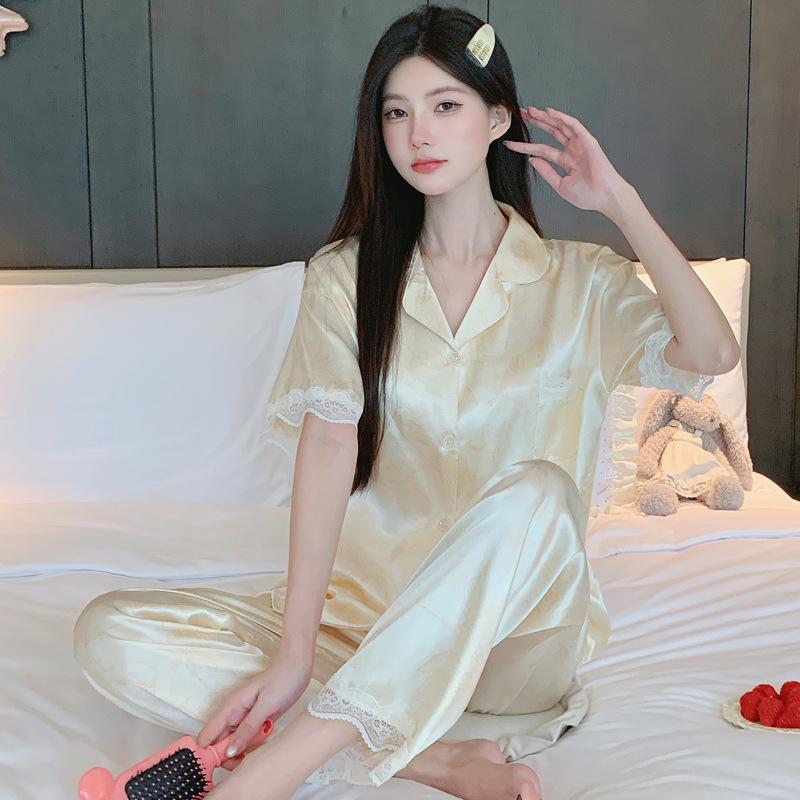 Light Luxury Solid Color High-End Lace Light Luxury Ice Silk Pajamas Women'S Summer Short-Sleeved Trousers Loungewear Set