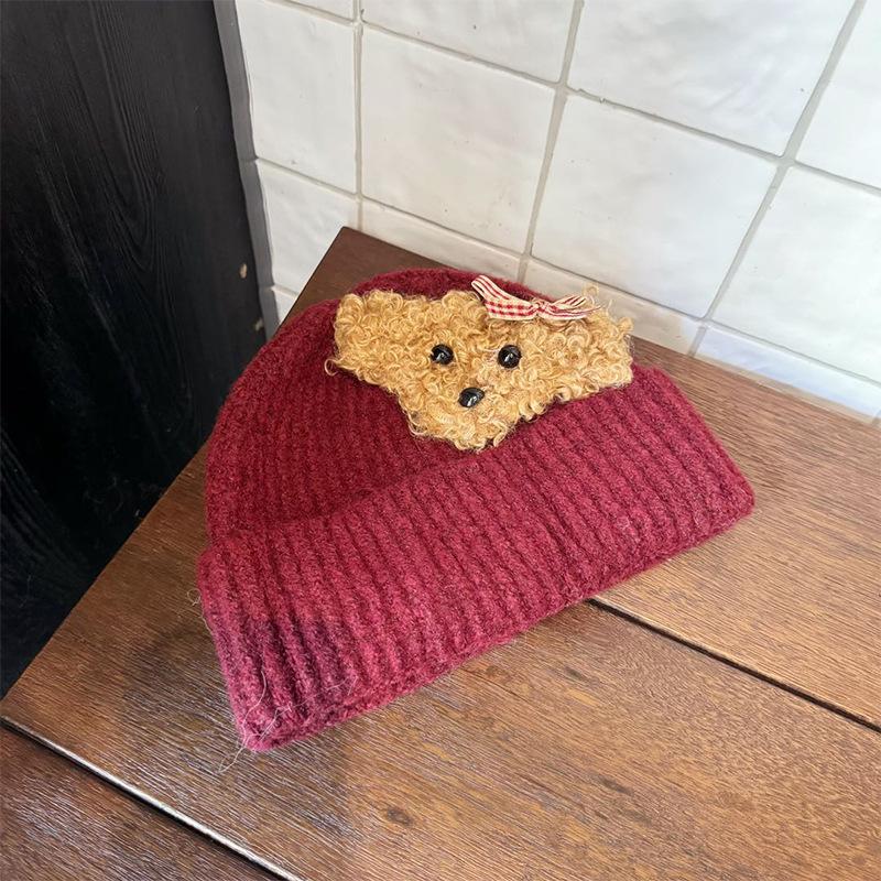 Korean Autumn and Winter Knitted Hat Cute Teddy Puppy Woolen Hat for Women  Versatile Warm and Face Friendly Small Ear Protection Hat  Pullover Hat