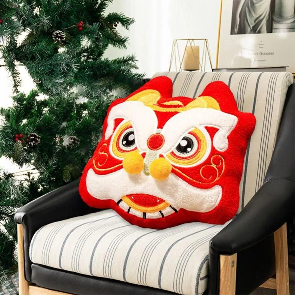 Chinese Gold Ingot Plush Cushion Dancing Lion Koi Fish Embroidery Pillow  Party