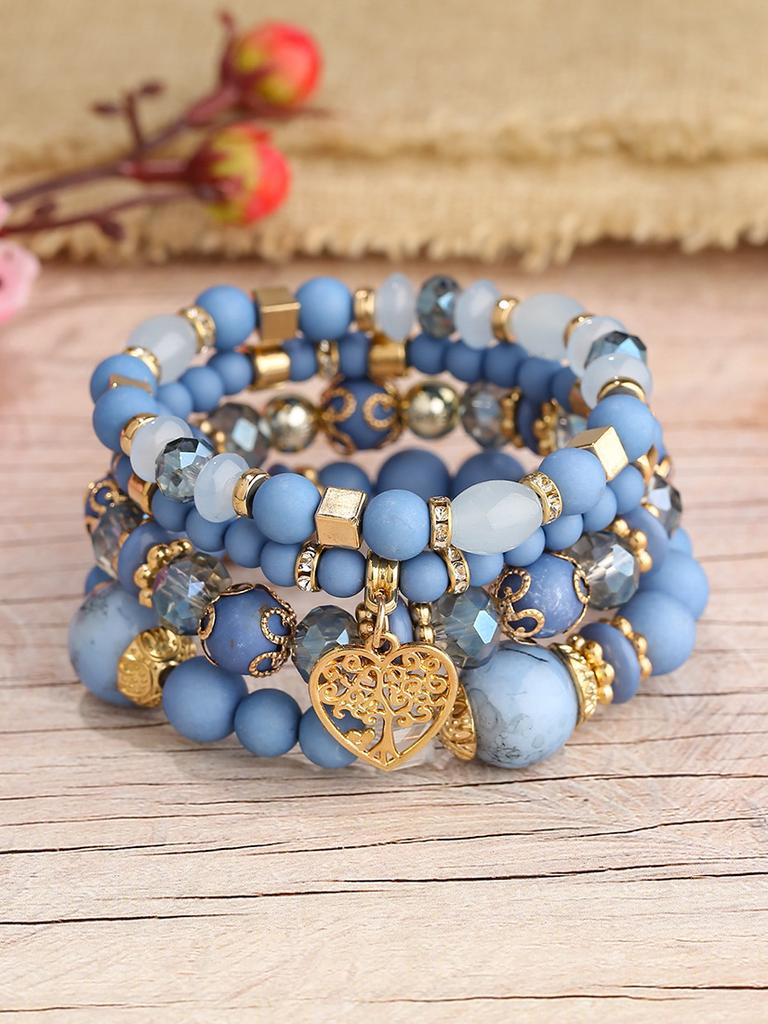 Fashion Summer  Acrylic Beads Chain  New Bracelet Set For Women Tree Of Life Charm Elastic Bangle Female Bohemian Zircon