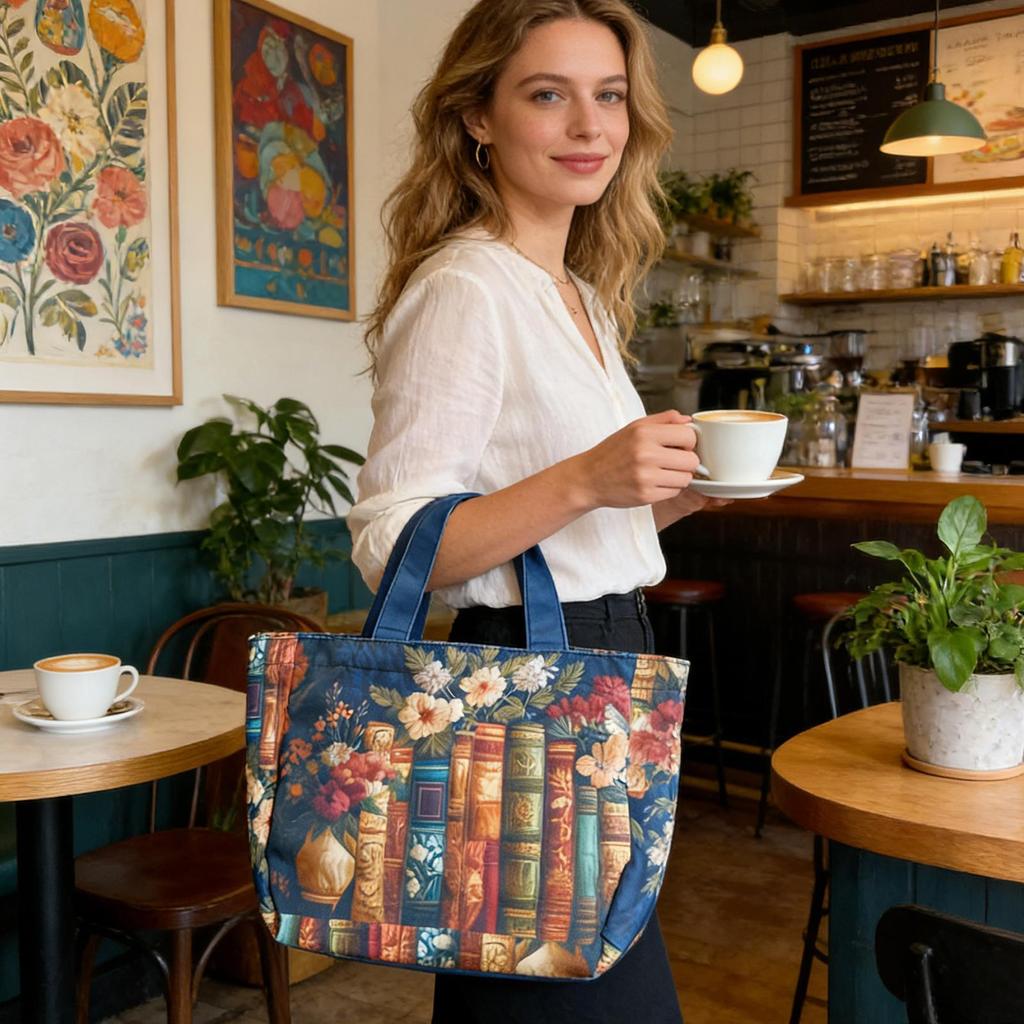 Quilted Tote Bags Book Floral Design Purse Vintage Shoulder Bag for Women for Teacher Students School College Work Travel Gym