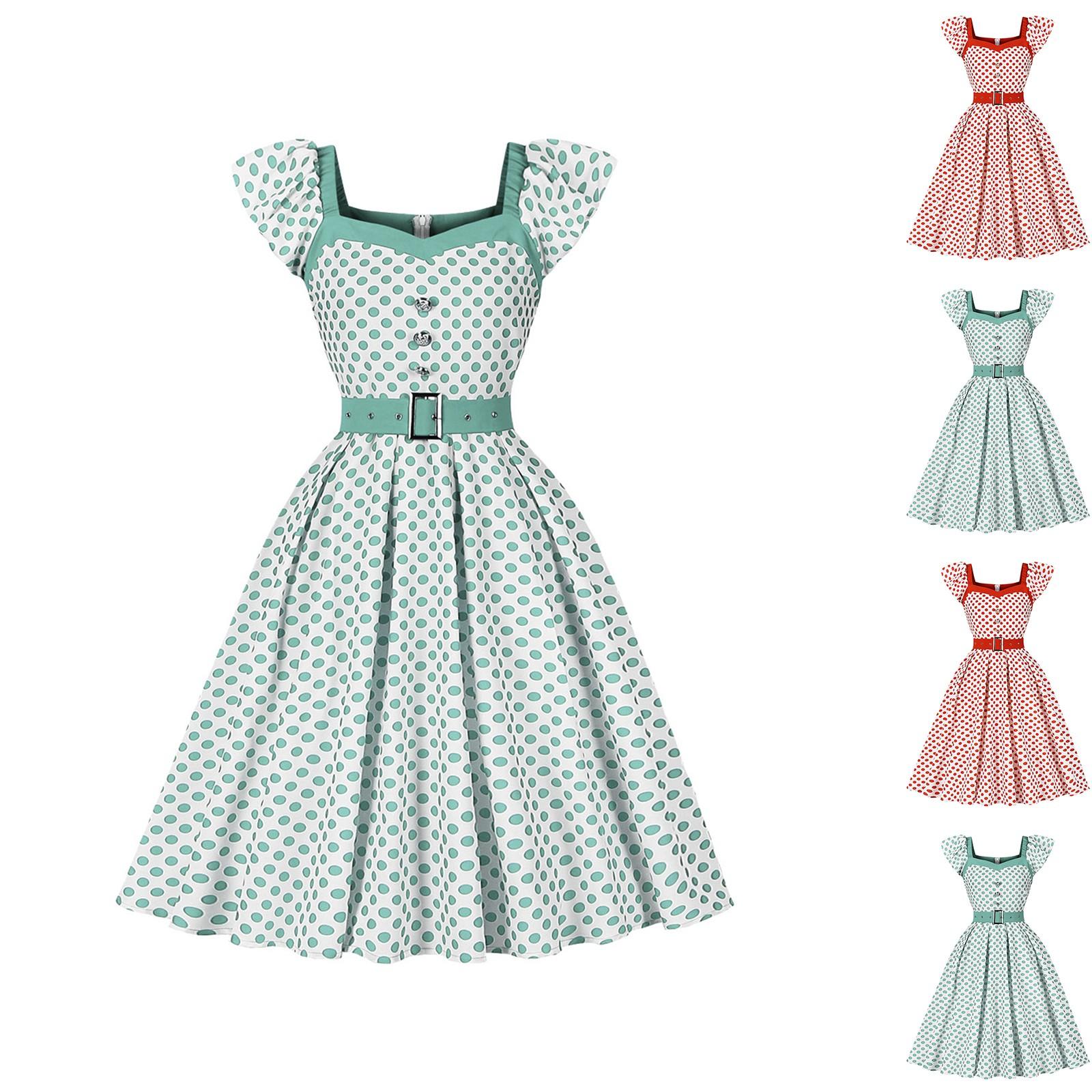 

Women s Colorblock Polka Dot Dress Retro Tube Top Short Sleeve Swing Skirt L світло-зелений колір