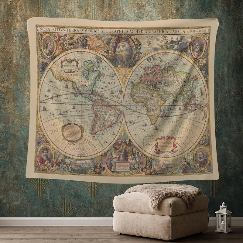 Tapestry antique world map antique historical 75x100