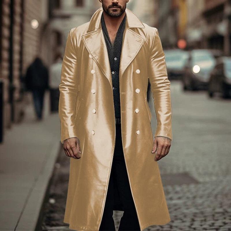 Herren Plus Size Doppelreihiger Leder-Trenchcoat - Europäischer Stil Winterjacke