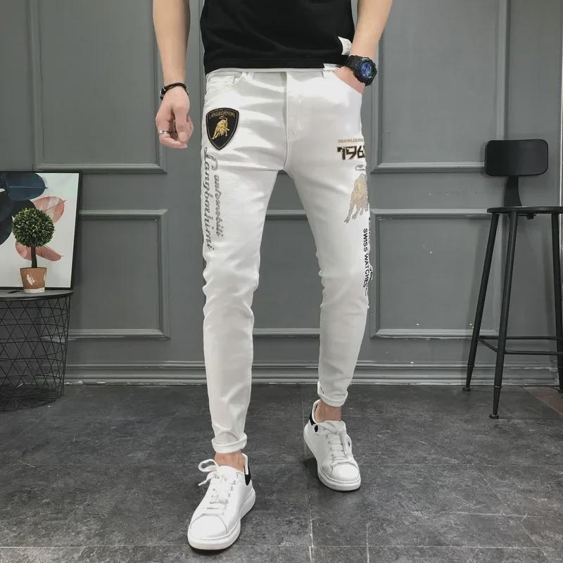 Men's Trendy European White Jeans with Diamond Embroidery - Slim, Elastic, Skinny Fit for Summer