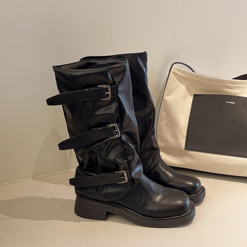 Niche retro thick heel mid-height boots western cowboy stack boots knight boots early autumn knight boots French women's boots