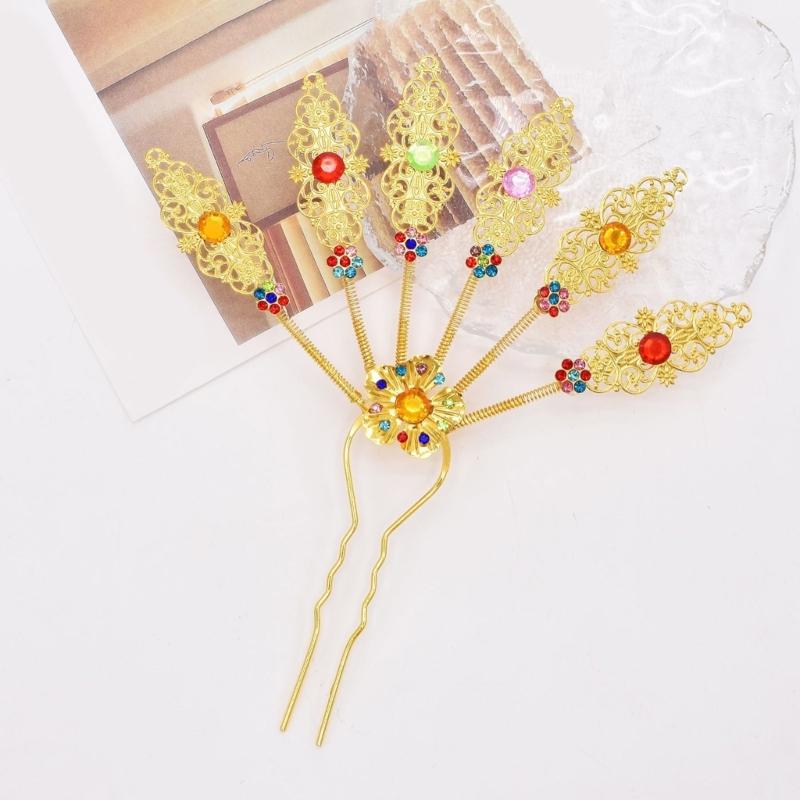 Alloy Peacocks Leaf Hair Stick Hairpieces with Rhinestones Thai Ethnic Hair Ornament Daily Hairstyle Embellishment