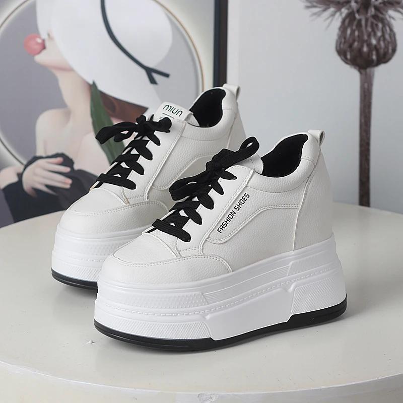 Fashion 12CM Genuine Leather Platform Sneakers Wedge Shoes  Women Breathable Sneakers Autumn Casual Shoes Hidden Heel Zapatillas Mujer