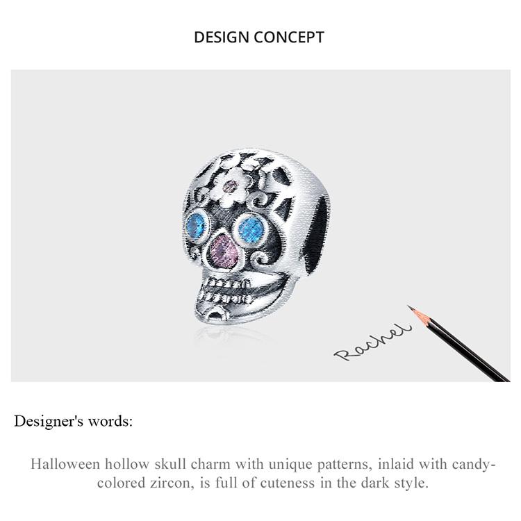 BAMOER 925 Sterling Silver Halloween Blue and Pink Zircon Pattern Skull Charm Beads for Women Fine Jewelry
