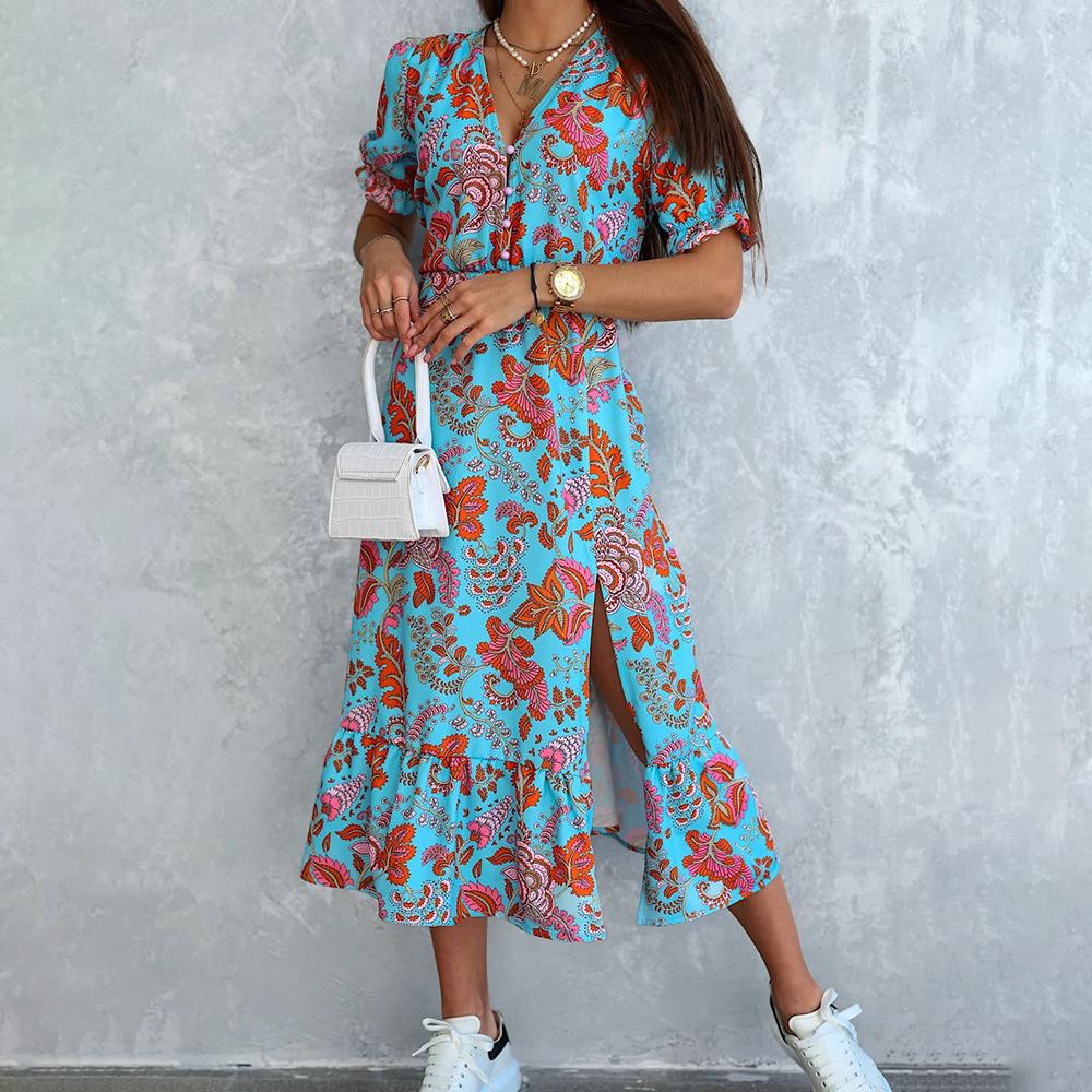 Sexy Off Shoulder Dress Summer Women Short Sleeve Ruffle Elegant Chiffon Midi Dress Floral Print Beach Dress Vacation