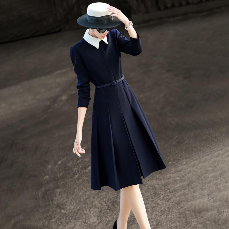 Lanseer Color-Block Doll Collar Pleated Dress L