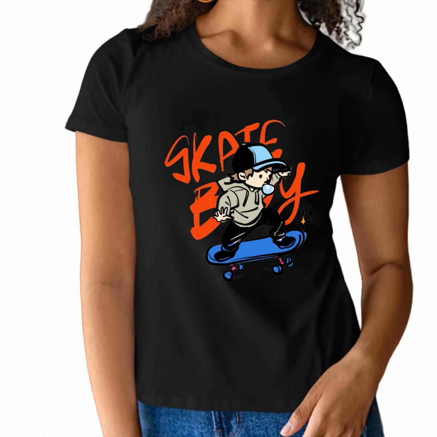 

Cool Womens Short Sleeve T Shirt Skate Boy Design with Dynamic Skateboarder Graphic and Bold Typography for Trendy Summer Style S чёрный
