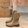 Boots Women's Autumn New Coarse Heel Suede Folded Western Cowboy Short Boots Retro Skinny Boots Pile Boots