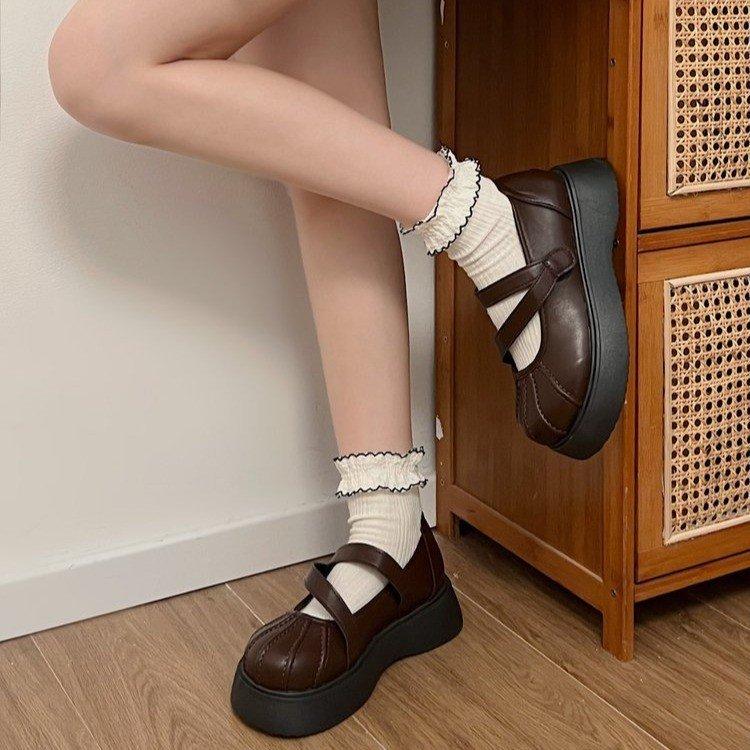 Brown French with Skirt Round Head Small Leather Shoes Women's 2024 New Summer Shallow Mouth Retro Thick Sole Mary Jane Single Shoes