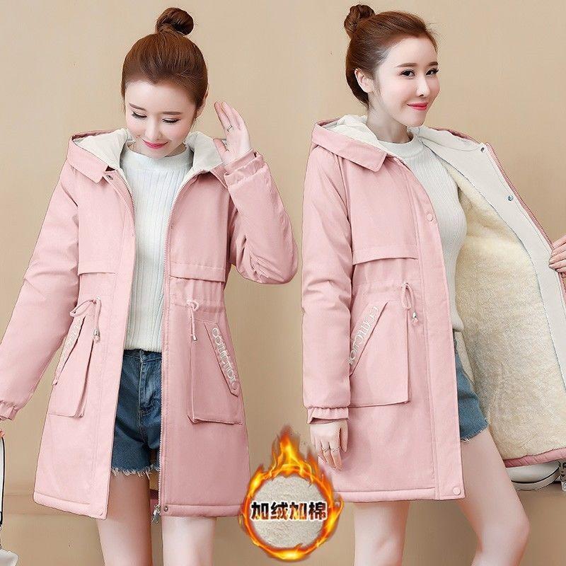 Hooded trench coat medium and long spring and autumn new winter velvet thickened cotton-padded coat cotton-padded jacket women's fashion trend