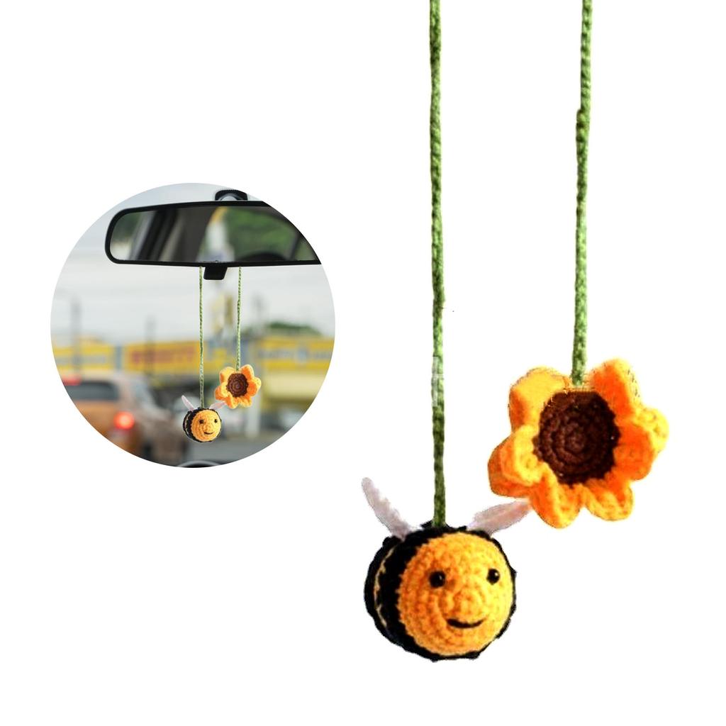 Crochet Knitted Bee Sunflower Pendant Cute Decor Automotive Interior Charms Decorations Rearview Mirror Hanging Ornament