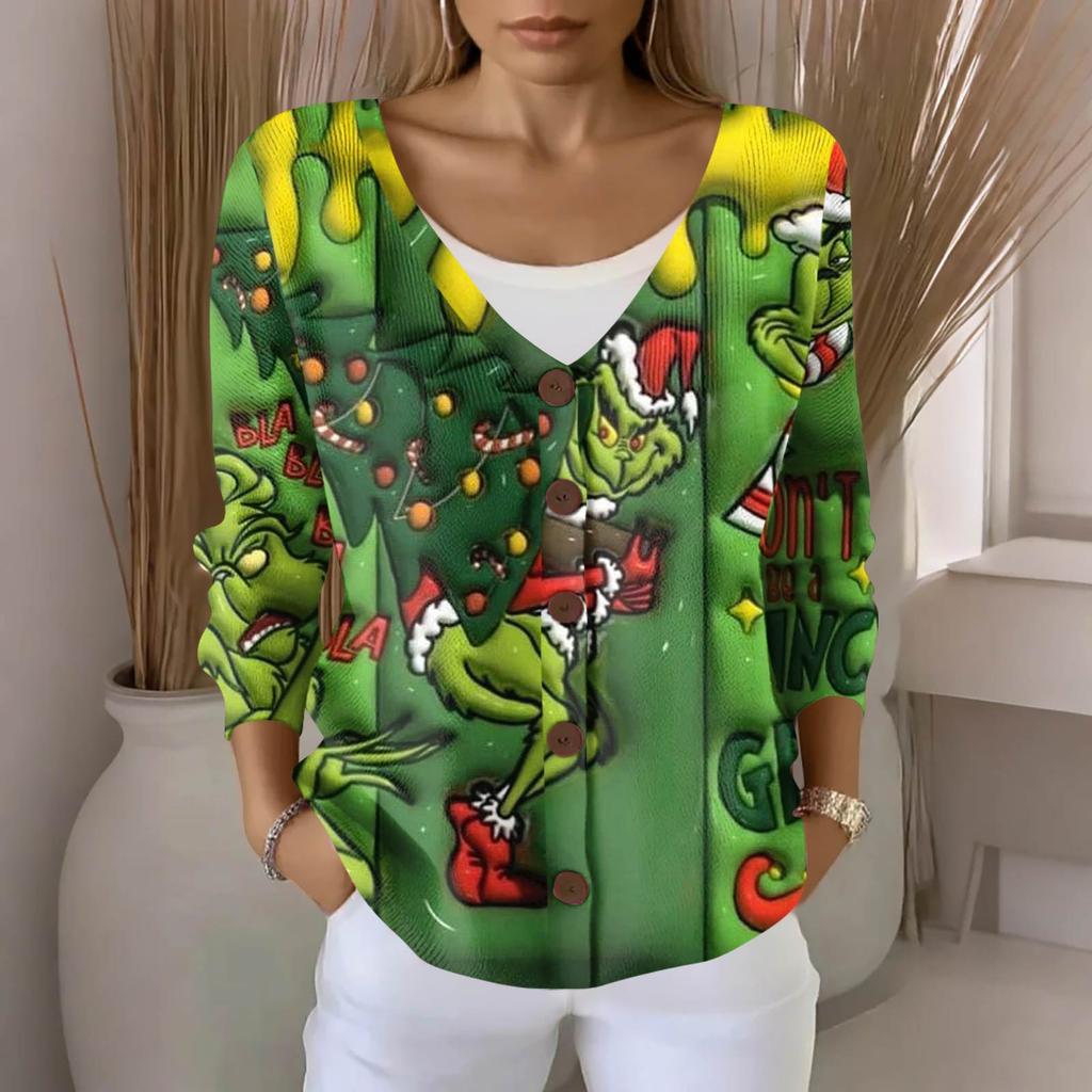 Women's Fashion Casual Knit Sweater Button-Up Christmas Print Cardigan Jacket