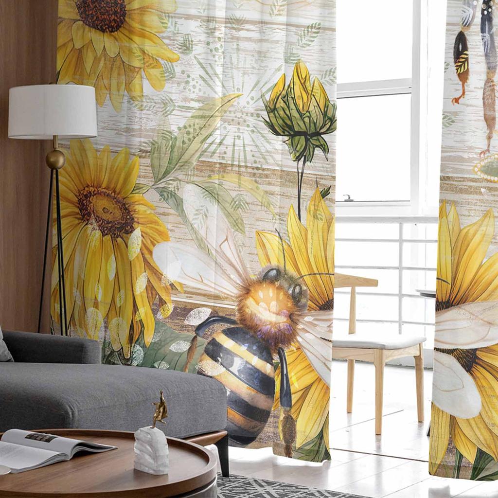 Vintage Rural Wood Grain Plants Sunflowers Bees Window Tulle Curtains for Living Room Hotel Luxury Decoration Sheer Curtains