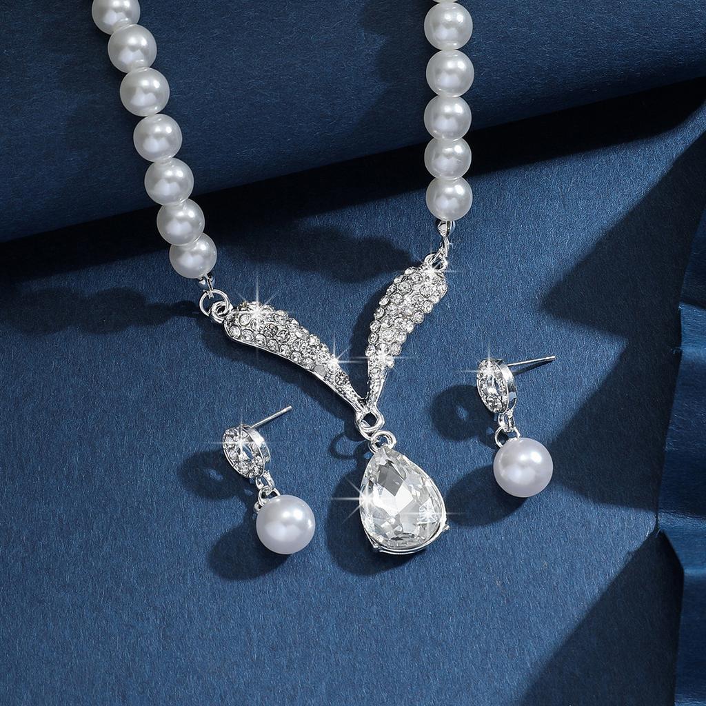 3PC Women's Fashion Trend Pearl Droplet Necklace Earrings Zircon Set Wedding Banquet Party Festival Gift