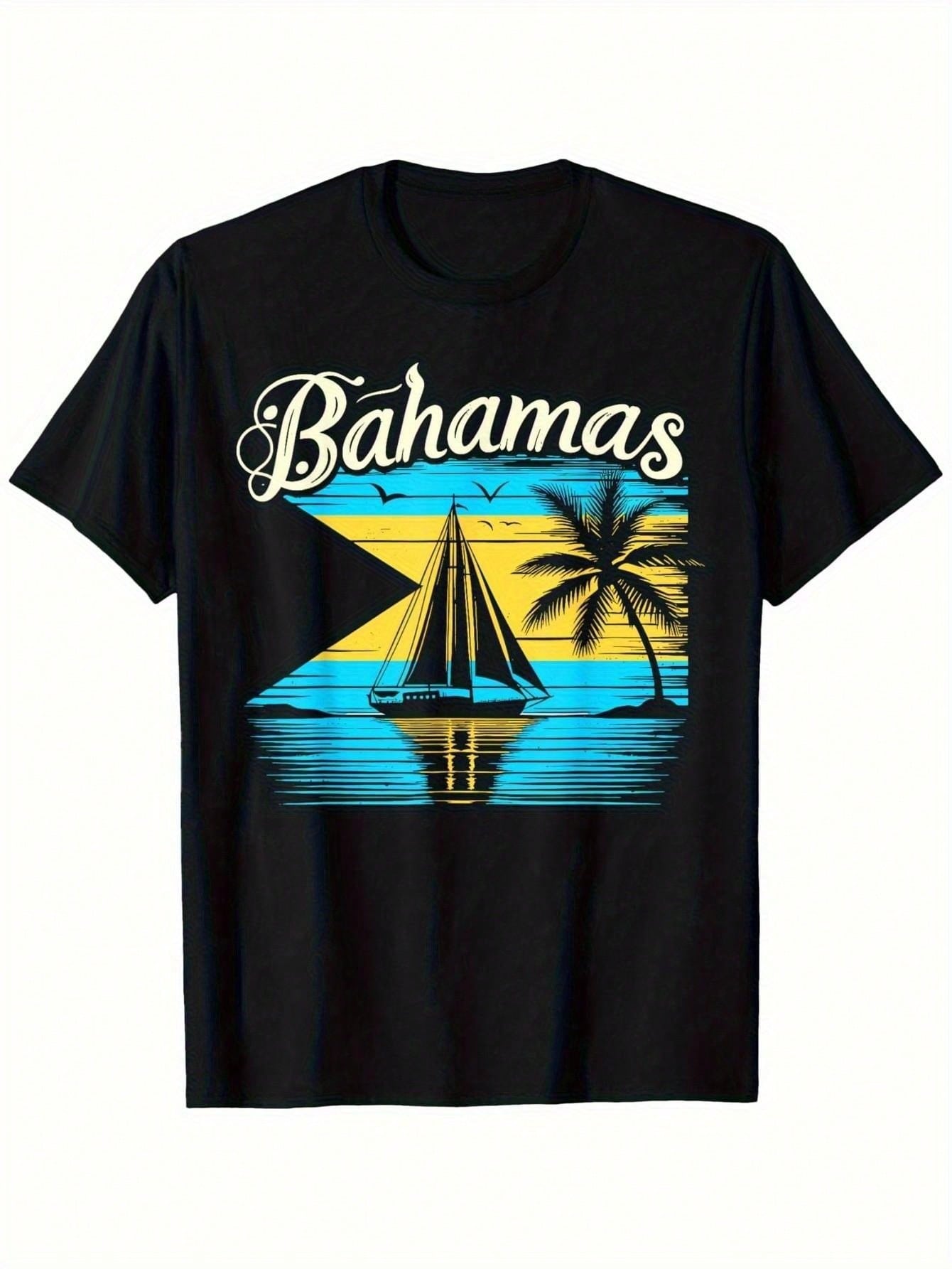 unisex Heavyweight 180gsm Bahamas Flag T-Shirt - Tropical Sailboat & Palm Tree Graphic With Bahamian Heritage Print, Vibrant & Golden Colors, Comfort S разноцветный
