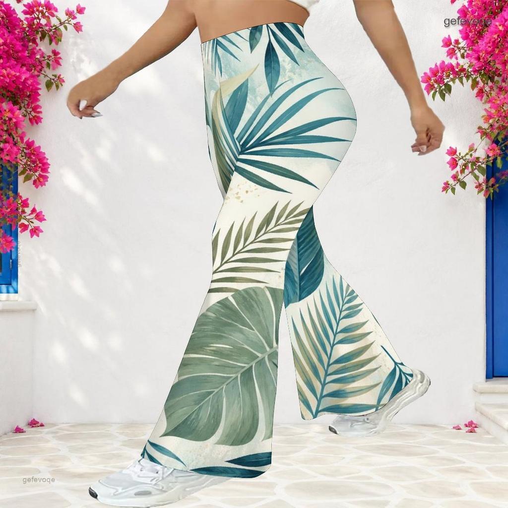 Pantalon évasé long taille haute pour femme grande taille avec imprimé feuilles tropicales