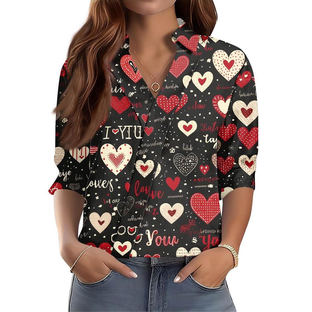 Damen 3/4-Ärmel V-Ausschnitt Hemd Bedruckt Arbeitskleidung Lässig Regulär Hemdkragen Oberteil