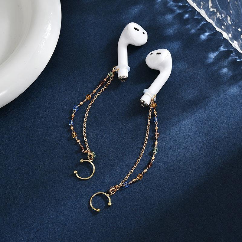 Anti Lost Wireless Earbud Holder Earrings Gold Plated Chain Faux Pearl Crystal Decor Perfect For Daily Wear Travel Party