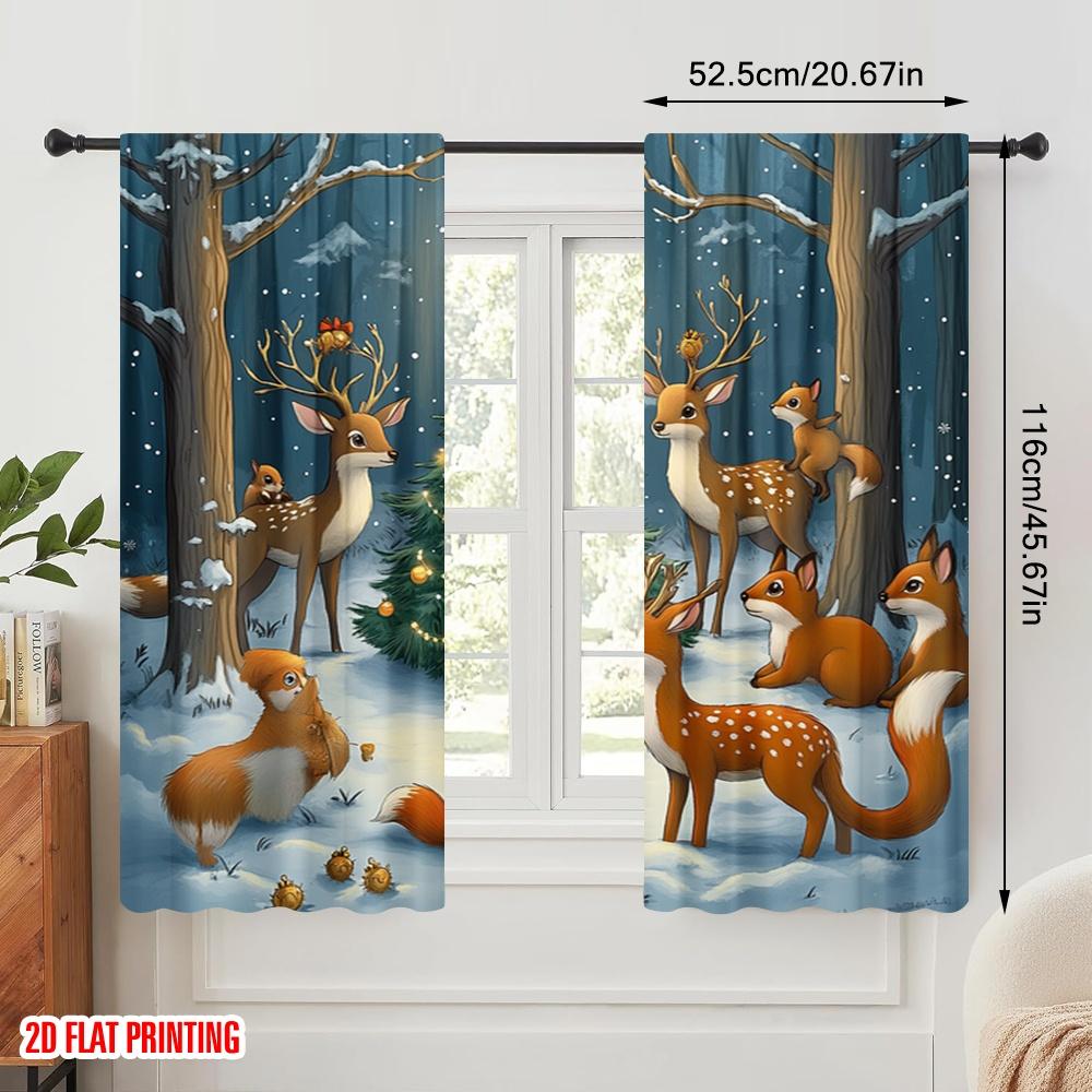 2pcs,2D plane printing Contemporary Curtains Forest Animals Christmas Woodland Festive Versatile Polyester Fabric (without rod)