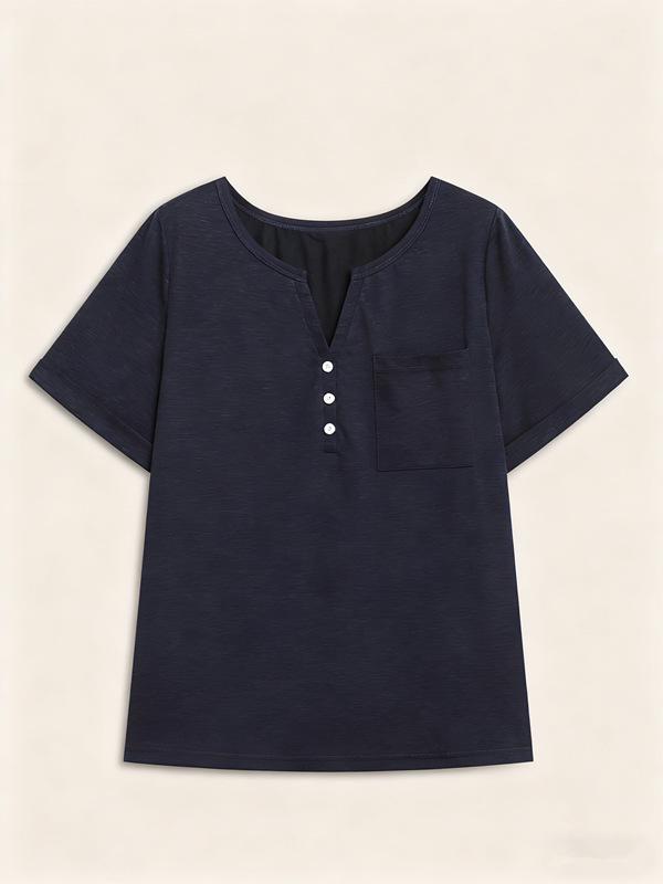 Großformat Damen V-Ausschnitt Knopf Kurzarm Einfarbig Lässig T-Shirt