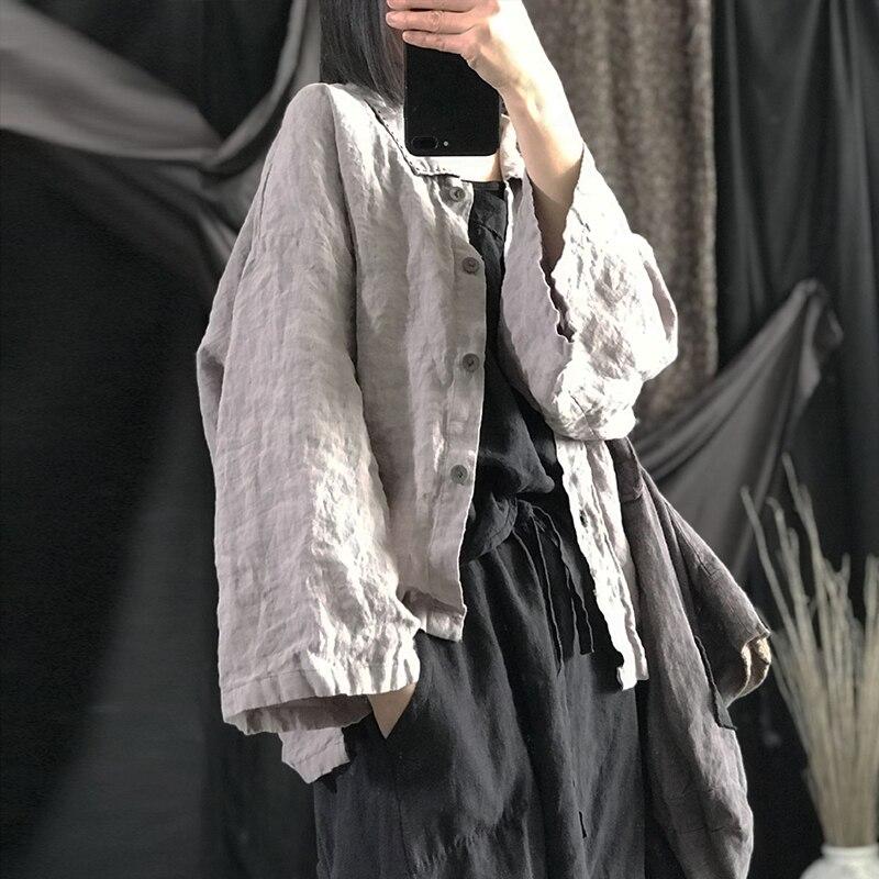 Johnature Linen Vintage Print Turn-down Collar Women Shirts Full Sleeve Spring Loose Retro Casual Loose Tops