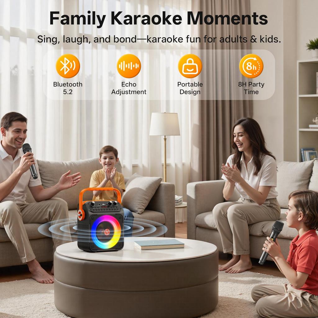 Karaoke Machine, Portable Bluetooth Karaoke Speaker with 2 Wireless Microphones for Adults, PA System with Echo Adjustment, LED Lights