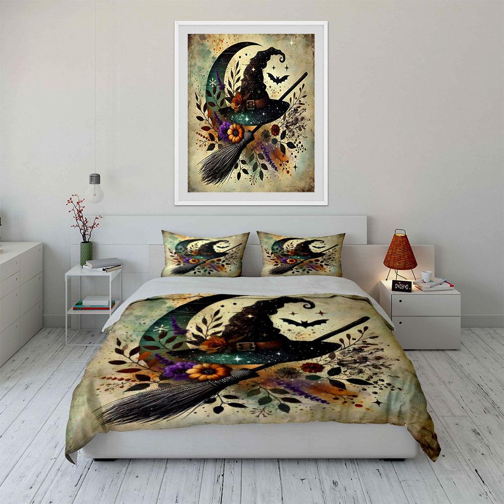 Witch'S Magical Hat, Moon, And Broom Exquisite Three-Piece Bedding Set Gift For Kids And Adults