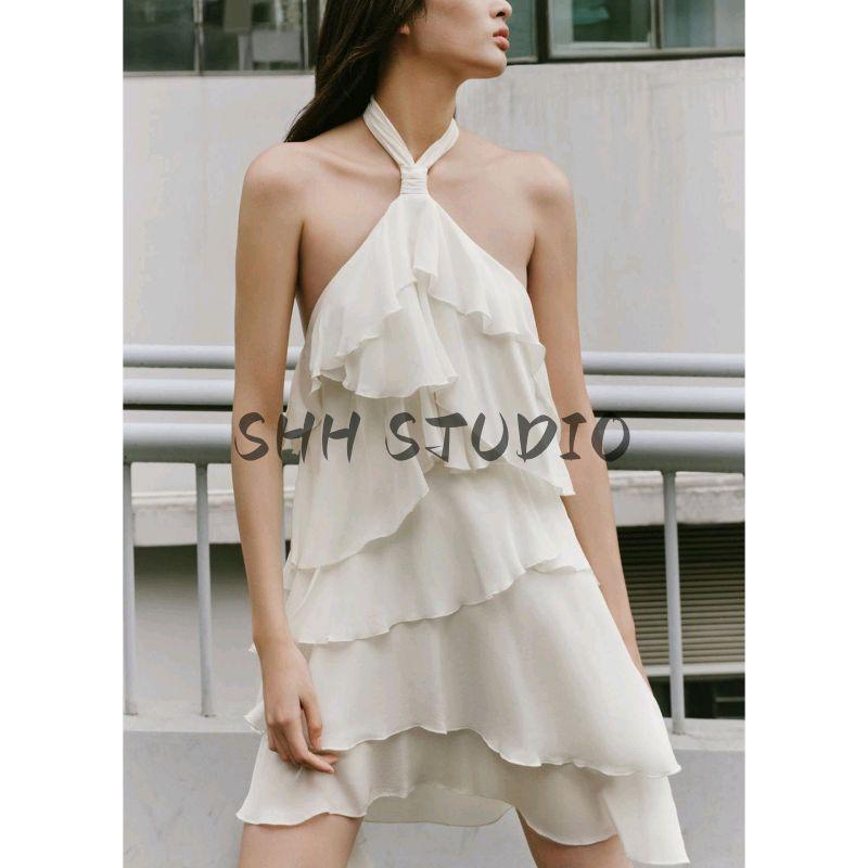 Autumn New Product Women Clothes Asymmetric Hem Hanging Neck Long Dress Laminated Decoration Mini Dress 8228811