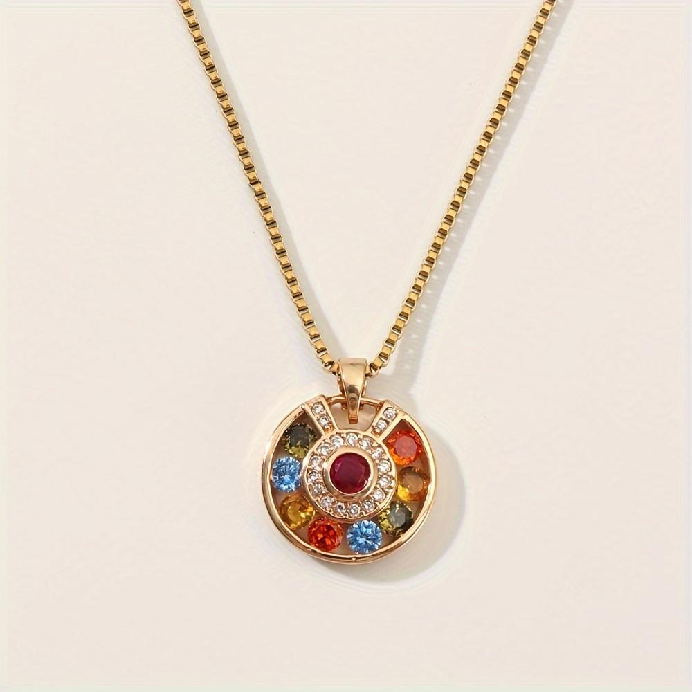 Round Colored Zirconia Pendant Necklace for Women New Fashion Golden Stainless Steel Chain Wedding Party Jewelry Accessories