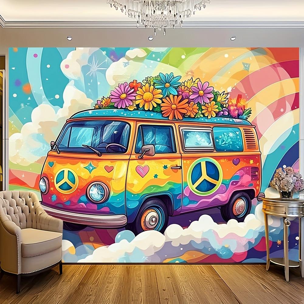 Fondo psicodélico de autobús hippie y margaritas retro para fiesta - Decoración multifuncional de tela de poliéster para fiesta de cumpleaños
