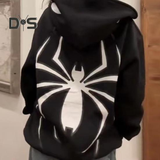 Płaszcz unisex Nadruk pająka Ciemny punkowy styl unisex Halloweenowy kostium Główna ulica Hip Hop Miękki pluszowy, zapinany na zamek, długi rękaw z kapturem, zimowy płaszcz jesienny