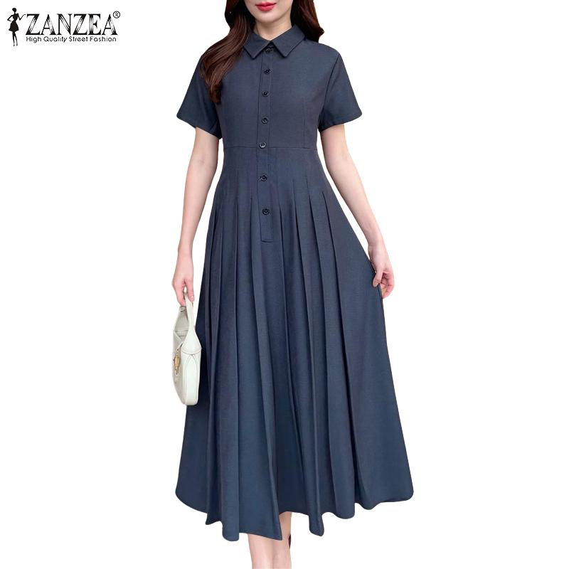 ZANZEA Vestido Largo Casual de Manga Corta con Cuello Vuelto para Mujer