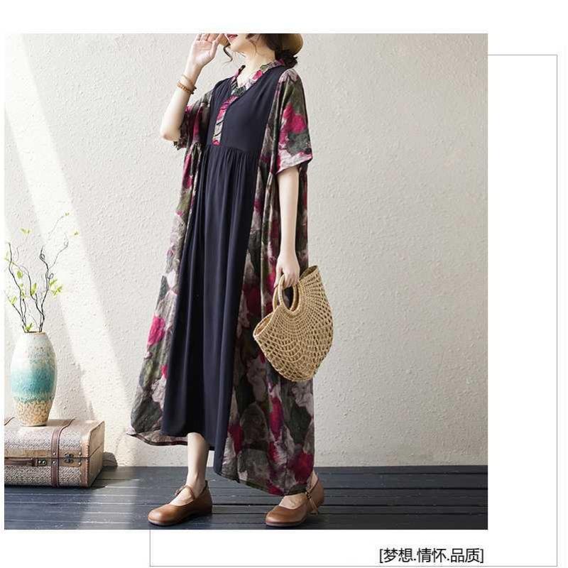 Summer New Literary Large Size Printing Splicing Wood Ear Lace Casual Swing Short Sleeve Long Dresses
