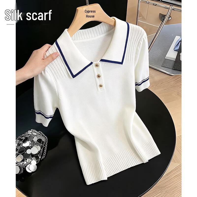 Women s Slim-Fit Color-Block Lapel Knit T-Shirt One Size