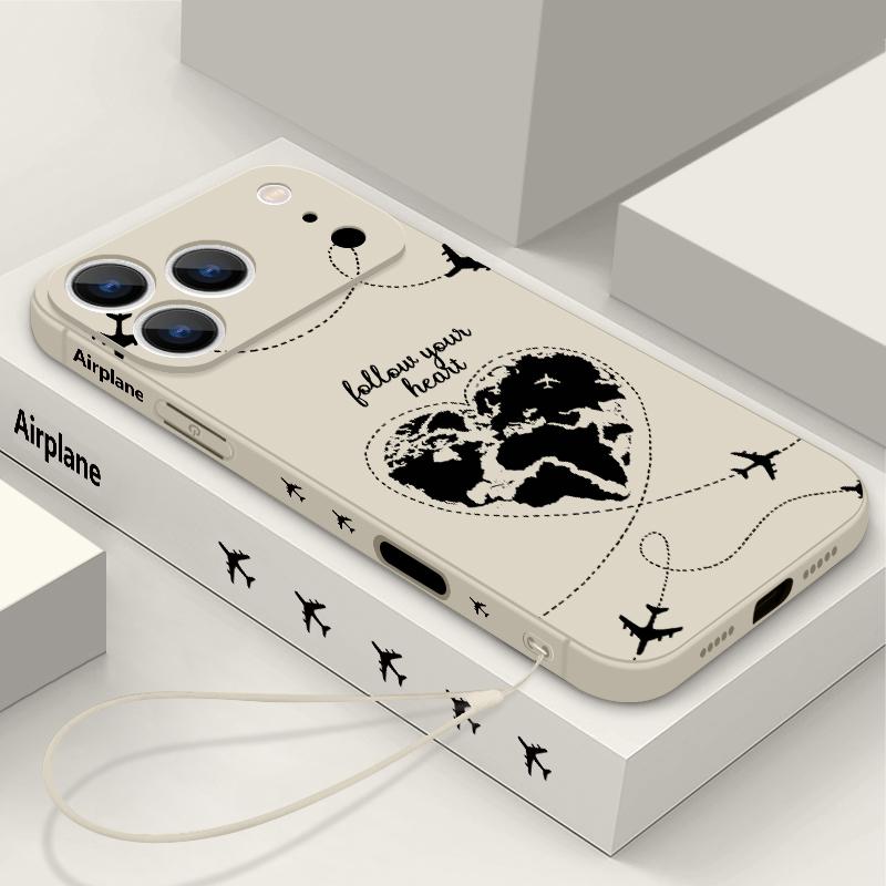 For iPhone 17 Pro Max Lanyard Case Airplane Heart Map Print Soft TPU Silicone Cover For iPhone 16 Pro Max Funda iPhone 15 14 13 12 11 16E Air