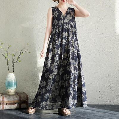 Sleeveless Plus Size Cotton Vintage Floral New In Dresses for Women Casual Loose Long Summer Dress